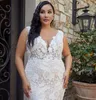 Deep V Neck Plus Size Lace Mermaid Wedding Dresses Appliqued Sweep Train Backless Bridal Gowns Vestidos De Novia