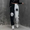 Kvinnor Sun and Moon Print Graffiti Elastiska midja Sweatpants Patchwork Byxor Höstficka Overell Casual Streetwear Joggers 2021 Y211115