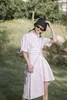 Fashion Asymmetrical Dress Women Puff Sleeve Buttton Up Collar Tunic Shirt Short White Black Clothing 210427