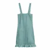 Vuwwyv Summer Dress Woman Green Ruffle Bodycon Backless Es Kvinnor Vintage Ruched Strappy Mini Textured Vestido 210430