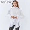 Patchwork Casual Sweater For Women Turtleneck Flare Sleeve Side Split White Knitted Pullover Female Fall 210524