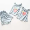 Vestiti per ragazze Estate 2-10 anni Bambini Ricamo Bel fiore Cuore Gilet T-shirt + Pantaloncini Pizzo Denim Blu Set da 2 pezzi 210529