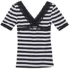 Verão Casual Stripe T-shirt Moda Lace Costura De Manga Curta V-Pescoço Top Mulheres Camiseta Plus Tamanho 210507