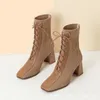 New Fashion Stitching Knitted Stockings Boots High Heel Plush Linner Shoes Square Toe Thin Boots for Spring and Autumn