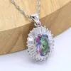 Geometric Rainbow Semi-precious Silver Color Jewelry Sets for Women Hoop Earrings Necklace Pendant Ring H1022