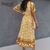 Surplice Neck Czeski Druku Krótki Rękaw Sukienki Kobiety Letnie wakacje Boho Casual Tassel Tie Waist Swing Długa Dress 210510