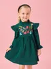 Robe en velours côtelé à manches volantées avec broderie florale pour tout-petits filles SHE01