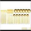 Set Cucina Sala da pranzo Bar Giardino domestico Consegna goccia 2021 24 pezzi Oro da tavola Stoviglie in acciaio inossidabile Coltello Forchetta Cucchiaio Posate2248103