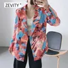 Zeveity Женщины Винтаж Граффити Принт Blazer Женский Двухбортный Длительный Рукав Причинно-Стильная Верхняя одежда Костюм Пальто Топы C533 210603