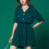 Womenturn Down Collar Summer Solid Red Green Pocket Rompers Jumpsuit Short Sleeve J0120 210514