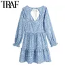 TRAF femmes Chic mode imprimé Animal à volants Mini robe Vintage dos nu nœud attaché côté fermeture éclair femmes robes Vestidos 210730