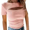 Mulheres de verão t-shirt Tops Casual cor sólida oco out design O-pescoço Slim manga curta preta rosa pulôver Tees streetwear 210526