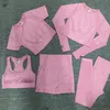 Womens Tracksuits Autunm 겨울 패션 체육관 착용 디자이너 여성 요가 정장 스타일 Sportwear 피트니스 스포츠 5pcs 브래지어 셔츠 레깅스 솔리드 yogaworld 탄성