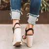 COOTELILI Woman Sandals Women Sandalias Round Toe High Heel 2021 New Fashion Buckle Womens Shoes Black Khaki Plus Size 41 42 43 Y0721