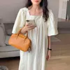 Korea Summer Fashion Elegant Casual Traveling Square Collar Ruffled Loose Puff Sleeve Ruffle Dress Women 16F1162 210510