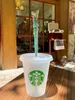 Starbucks 16oz/473ml Plastic Mugs Tumbler Reusable Clear Drinking Flat Bottom Pillar Shape Lid Straw Cup Bardian