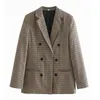 Vintage Plaid Double Breasted Blazer Jacket Women Khaki Ladies Business Elegant Coat Höst Vinter 210427