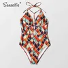 SEASELFIE Geometrischer Druck Tiefer V-Ausschnitt Halter Badeanzug Frauen Sexy Cut Out Monokini Strand Badeanzug Bademode 210630