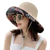 Vrouwen boho etnische bloemen omkeerbare zon hoed grote brede randbescherming opvouwbare floppy stranddop met kinriemhoeden
