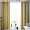スカンジナビアのカーテンのためのダイニングルームの寝室のスタイル黄色の縞模様の灰色の遮光カーテンブルー透明チュールブラインド210712