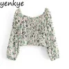 Mode Vrouwen Vintage Floral Print Chiffon Blouse Sexy V-hals Puff Sleeve Crop Top Dames Zoete Tops 210514