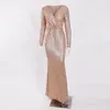 Casual Dresses Long Sleeve V Neck Evening Party Dress Stretch Champagne Gold Bodycon Wrap Maxi 2021 Spring