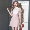 Verão rosa laço retalhos a linha mini manga curta vestidos doce slim bonito vestido feminino 210519