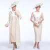 Elegant Tea Length Mother Of the Bride Dresses With Long Jacket Full Sleeve Sheath Wedding Guest Gowns Groom Mother's Dress