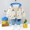 Fashion Kids Cotton Clothing Sets 1-4T Baby Boys& Girls Hooded Coat Cartoon Designer Denim Suit Tops +Sweater+Jeans=3PCS/Set