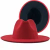 Tendencia bronceado con fondo rojo Patchwork lana lisa fieltro Jazz Fedora sombreros hombres mujeres ala ancha Panamá Trilby gorra de vaquero para fiesta Q0805