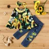 Ankomst Vår och Summer 2-Piece Baby Toddler Sunflower Top Denim Byxor sätter barnkläder 210528