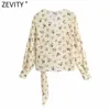 Zevity Frauen Elegante Kreuz V-ausschnitt Blumendruck Chiffon Smock Bluse Weibliche Saum Schleife Gebunden Kimono Shirt Chic Blusas Tops LS9191 210603