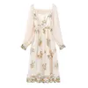 PERHAPS U Women Apricot Mesh Floral Embroidery Mesh Dress Square Collar Lantern Long Sleeve Evening Midi Dresses Retro D2601 210529