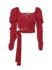 OOTN Vintage Polka Dot Frauen Puff Langarm Wrap Top Elegante Spitze Up Red Crop Bluse Sexy Backless Chic Weibliche shirts 210719