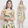 Summer Women Sexy Square Collar Flower Print Short Sleeve Elegant Elastic waistline Female Casual Vintage Draped Party Dresses 210514