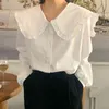 Sweet Ruffled Plus Size White Peter Pan Collar Blouse Women Puff Long Sleeve Loose Chic Office Lady Tops Blusas Mujer Wild 210429