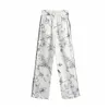 Causal Women Sketch Print Pants Fashion Ladies White Satin Straight Trousers Streetwear Female Chic Pocket 210527