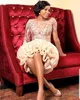 Rose Pink Tea-length Cocktail Evening Dresses with Long Sleeve Applique Sequins Mermaid African Aso Ebi Plus Size Prom Party Dress with Ruffles Skirt