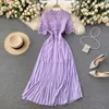 Women Fashion Summer Embroidery Lace Hollow Short Sleeve Stitching Pleated Chiffon A-line Dress Elegant Party Vestidos S031 210527