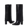 Meotina Mid Calf Stiefel Frauen Echtes Leder High Heel Stiefel Spitz Zehen Dicke Heels Mode Stiefel Schuhe Damen Herbst Winter schwarz 210520