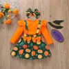 Kinderkleding Sets Meisjes Halloween Outfits Kinderen Flying Mouw Tops Luipaard Pompoen Boog Strap Jurk Hoofdband 3pcs / Set 1794 B3