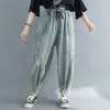 Sonbahar Sanatlar Stil Kadınlar Elastik Bel Gevşek Bağbozumu Yırtık Kot Tüm-Eşleşen Rahat Denim Harem Pantolon Artı Boyutu S33 210512