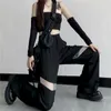 Herrbyxor Svart Gotisk Cool Kvinnor Lång Lace Hollow Out Fashion Lady High Waist Harajuku Wide Leg Pant Street Casual Button Byxor