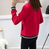 Kadın Bombacı Ceket Ceket Sonbahar Rahat Standı Boyun Uzun Kollu Patchwork Kırmızı Mont Artı Boyutu Beyzbol Giyinmek Gevşek Kısa Dış Giyim 210526