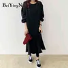 Beiyingni Chic Korean Style Oversized Sweatshirt Dresses for Womens Solid O-neck Loose Vintage Fleece Thicken Long Midi Dress Y1204