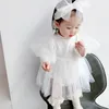 Primavera bebê meninas macacão vestido branco tutu recém-nascido manga longa 1º aniversário infantil criança com bandana 2 peças roupas 2268 v22876626