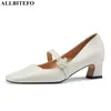ALLBITEFO square toe genuine leather thick heels party women shoes women heels shoes autumn high heel shoes size:33-43 210611