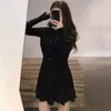 Spring Long Sleeve Knitted Mini Fold Dress Slim And Sweet Single Breasted Pleated High Waist Closed Sexy Ruffle Orange 2VOL 210603