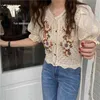 Camisas Mujer Vintage Vintage Out Crochet Floral Blusas Mulheres Verão Camisas Chic Coreano Patchwork Blusas Tops 95429 210519