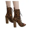 Kobiety Sandały Lace-Up Square High Heel Peep Toe Buty Casual Leopard Botki Moda Rozrywka Osobowość Miękisz Wygodne